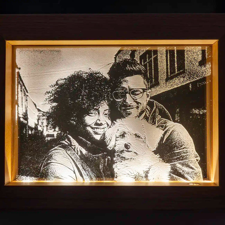 LED Engraved Photo Display Showcasing Couple with a Bichon Frise in their Arm