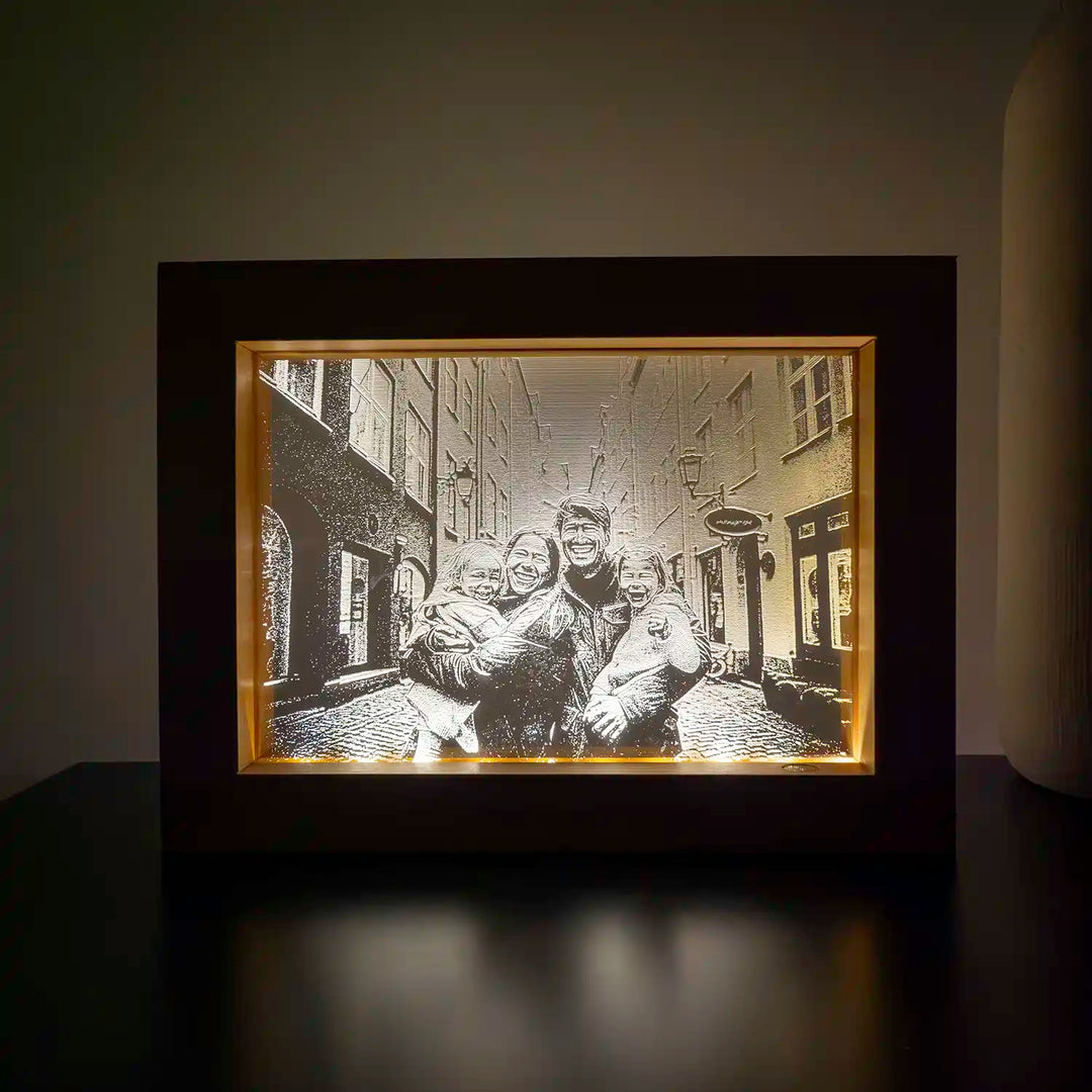 LED Engraved Photo Display Showcasing a Happy Family of 4 in the City