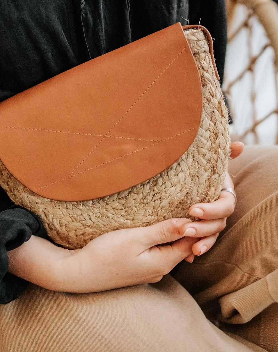 Jute & Vegan Leather Crossbody Bag