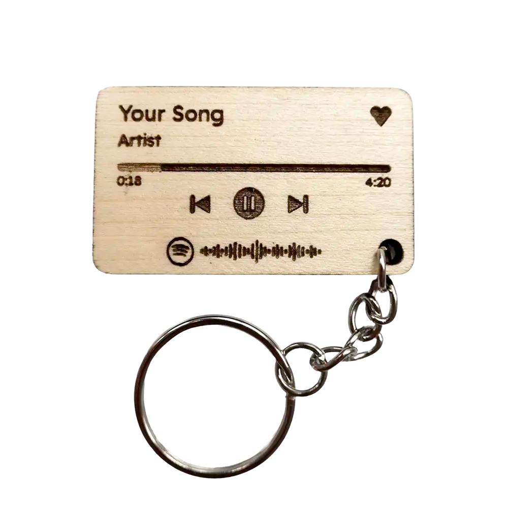 A unique personalized laser engraved keychain with Spotify interface