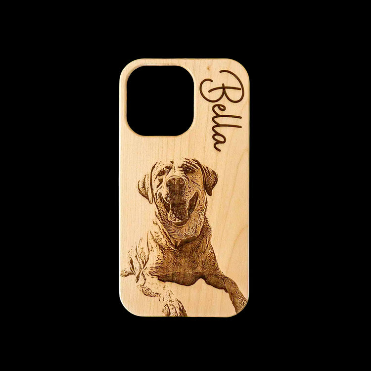 An iPhone 15 Personalized Laser Engraved Phone Case Showing Happy Dog Image