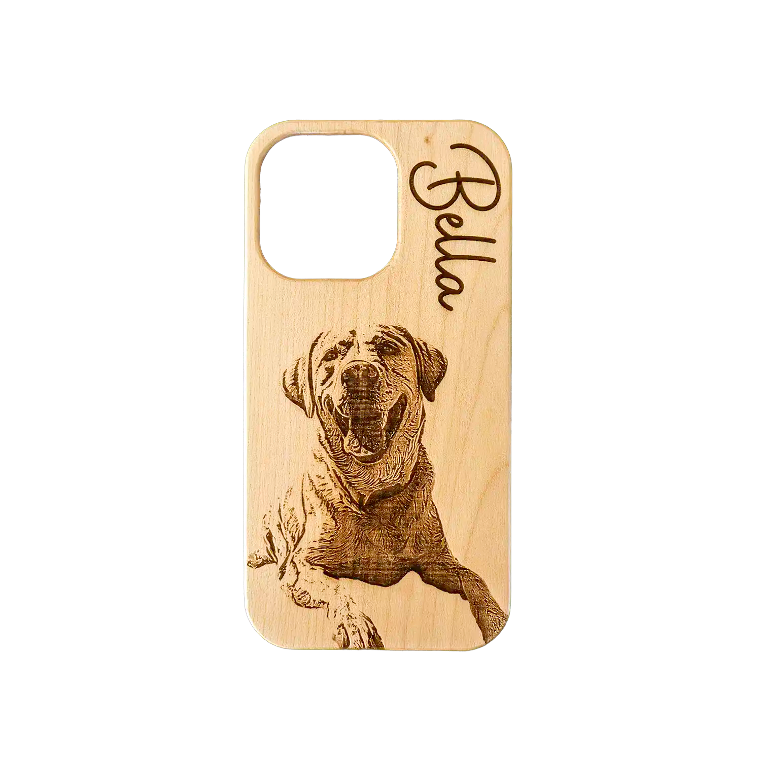 An iPhone 15 Personalized Laser Engraved Phone Case Showing Happy Dog Image