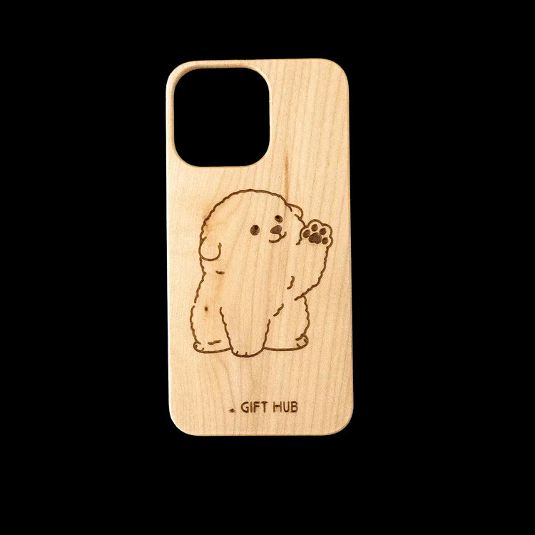 An iPhone 15 Personalized Laser Engraved Phone Case Showing Bichon Frise Artwork