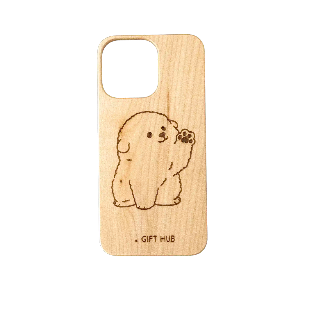 An iPhone 15 Personalized Laser Engraved Phone Case Showing Bichon Frise Artwork