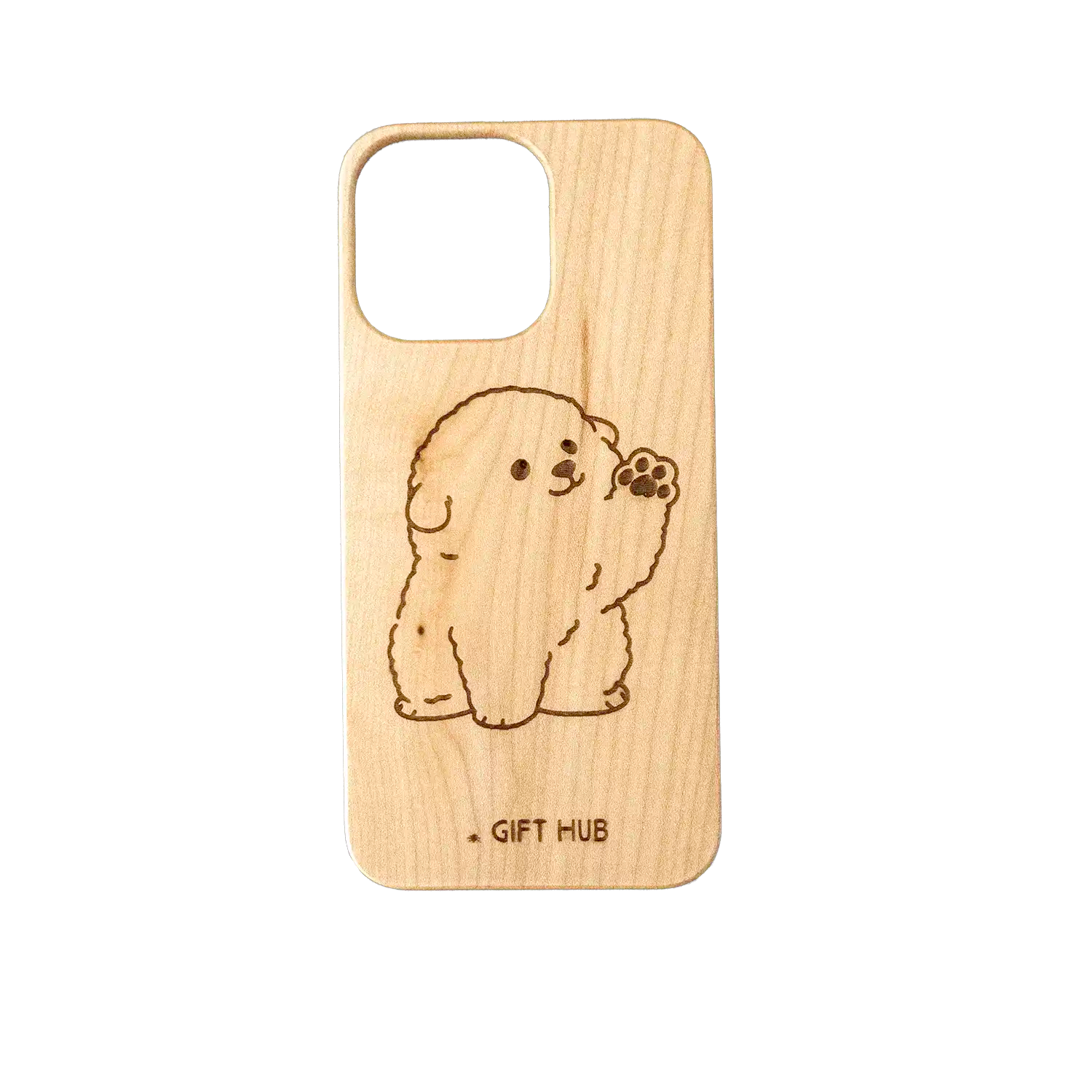 An iPhone 15 Personalized Laser Engraved Phone Case Showing Bichon Frise Artwork