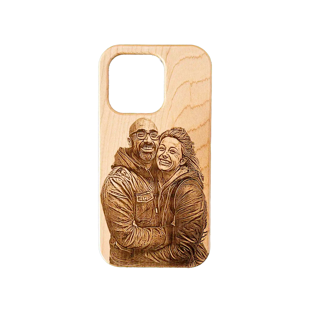 An iPhone 15 Personalized Laser Engraved Phone Case Showing Happy Couple Image