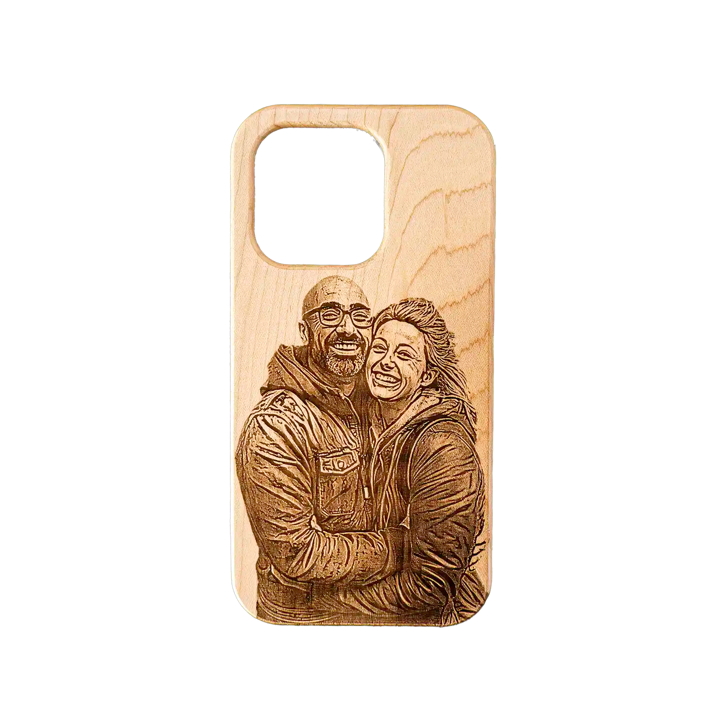 An iPhone 15 Personalized Laser Engraved Phone Case Showing Happy Couple Image