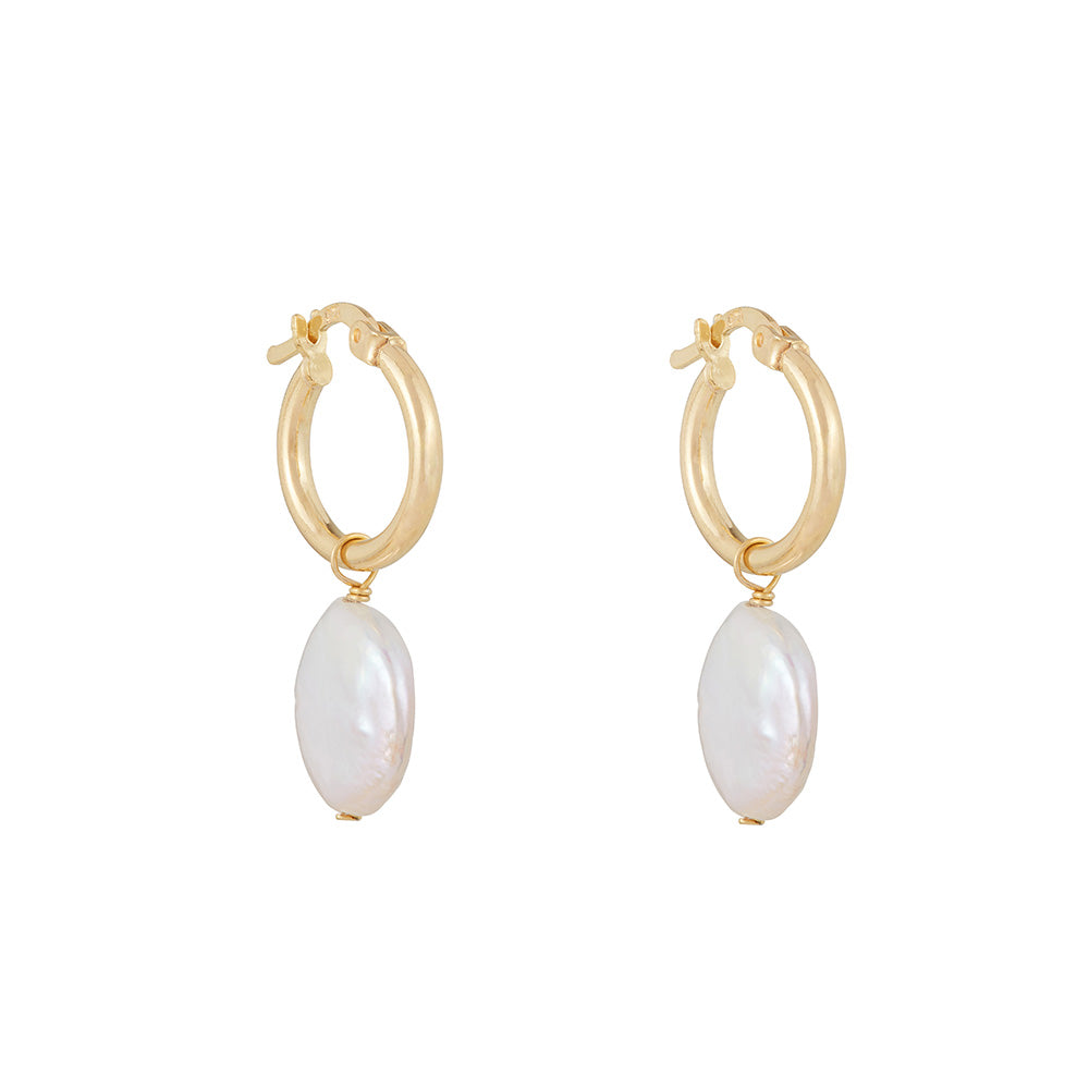 Round Pearl Drop Hoops: Gold