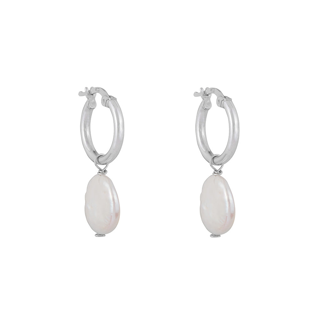 Round Pearl Drop Hoops: Silver