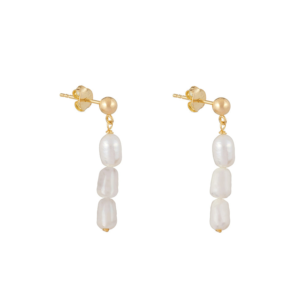 Triple Pearl Drop Earrings: Gold